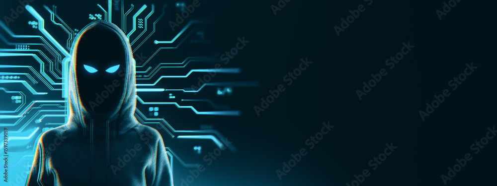 Poster dark hooded hacker with glowing eyes standing against digital circuit background in cyberpunk style,