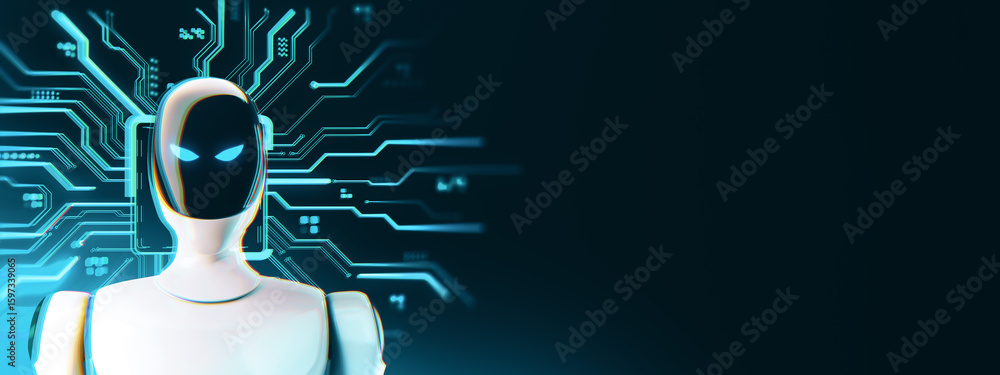 Aufkleber futuristic humanoid robot with glowing eyes against digital circuit background, symbolizing artifici