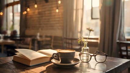 Cozy cafe corner with book coffee and flower glasses