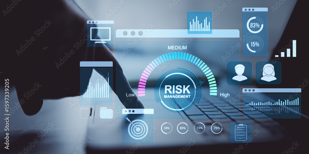 Poster businessperson using laptop with digital risk management dashboard interface and finance charts on l