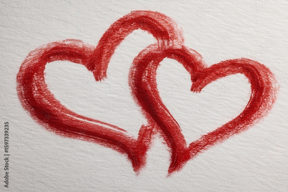 Poster two intertwined hand-drawn hearts in bold red color on textured paper conveying love affection and c