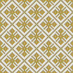 Seamless Geometric Floral Woven Pattern in Gold on White Background – Vector Textile and Wallpaper Design