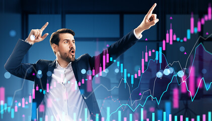 Businessman celebrating financial success with digital forex stock market chart overlay in modern corporate office background concept display screen.