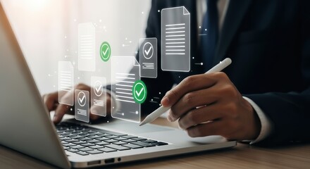 A person in a suit uses a laptop and stylus with digital documents and green checkmarks displayed on a virtual interface indicating task completion or approval