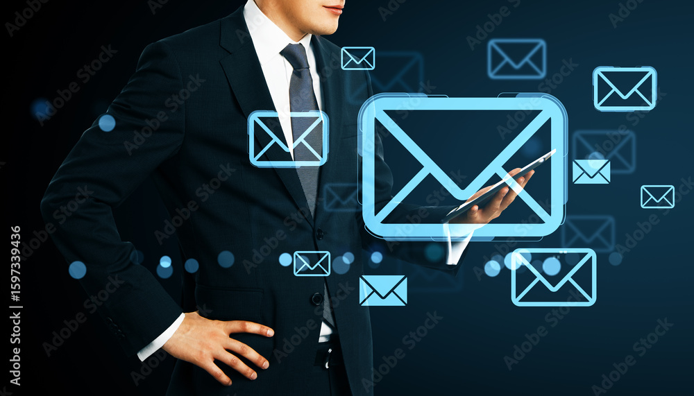 Aufkleber businessman using tablet with floating email icons around, representing digital communication concep