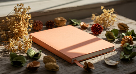 Aesthetic composition of a closed book with dried flowers on a wooden surface