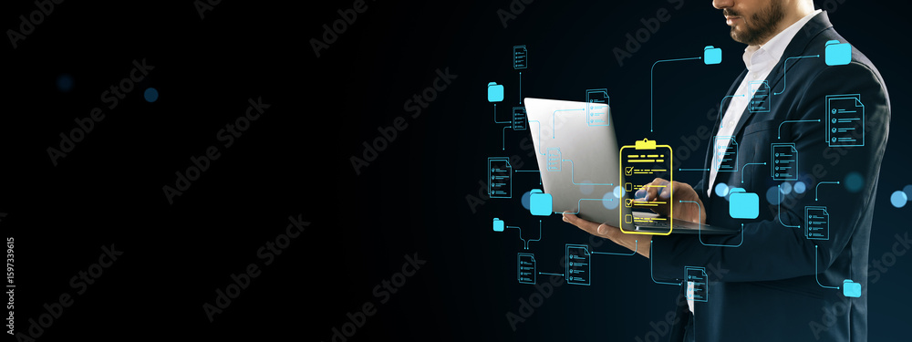 Poster businessman managing digital document network on laptop with data icons and cloud connections over d