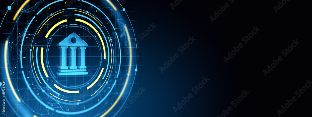 Poster digital banking symbol on futuristic neon blue circular interface with copy space on dark background