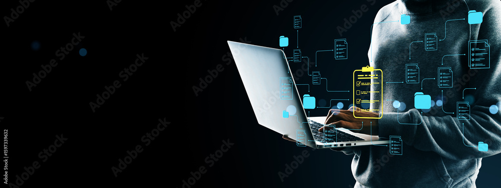 Poster person using laptop with digital document management icons, data connection symbols, and network ana