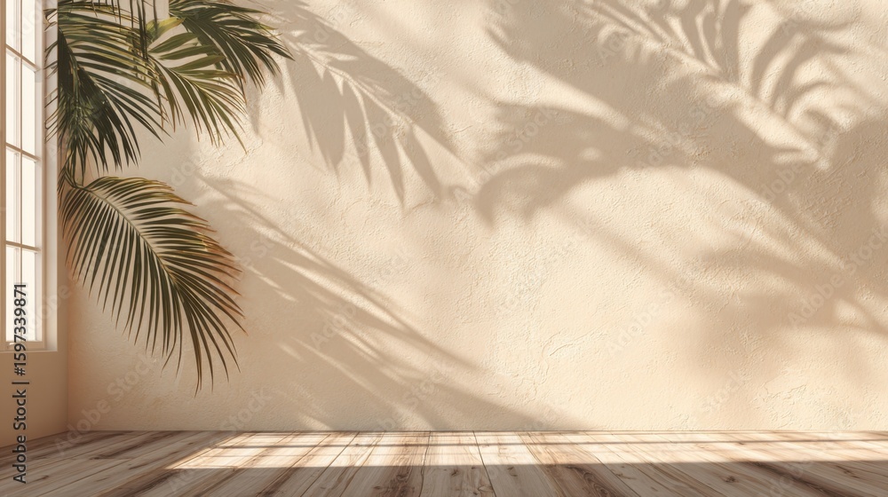 Poster sunlight filters through large windows, creating intricate shadows from lush palm leaves against a s