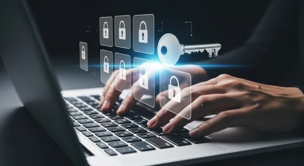 Person's hands typing on a laptop keyboard with digital security locks and a key appearing on a virtual interface