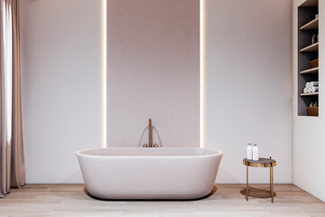 Elegant modern bathroom interior with freestanding bathtub, soft lighting, and minimalist decor in bright clean space with wooden flooring. 3D Rendering