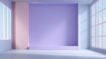 Obraz premium A spacious interior showcases a large purple wall and pink accents, with sunlight streaming through large windows. The clean lines and minimal decor create a fresh ambiance.