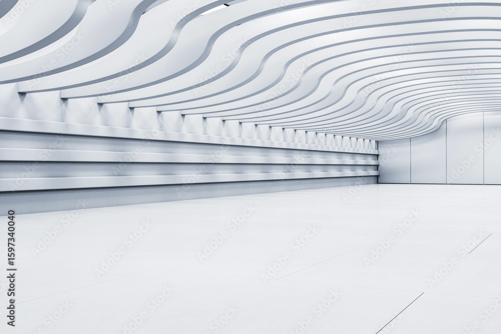 Aufkleber futuristic white empty room with wave ceiling design and modern lighting in clean minimal space inte