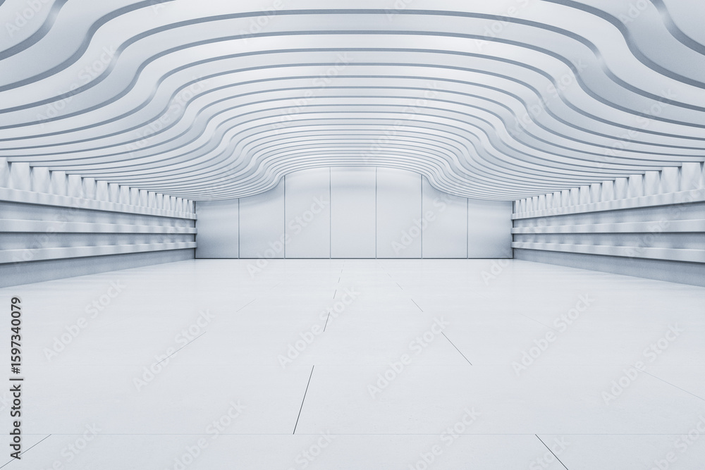 Poster futuristic white interior with wave ceiling and empty space for showroom or studio in modern archite