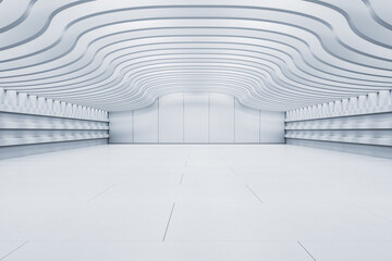 Futuristic white interior with wave ceiling and empty space for showroom or studio in modern architecture concept. 3D Rendering. 3D Rendering
