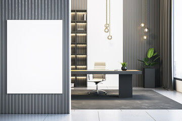 Modern executive office with luxury interior and vertical blank canvas mockup for poster or banner display in clean corporate workspace. 3D Rendering