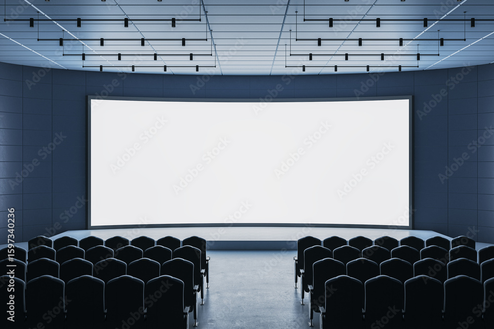Poster modern auditorium with large blank screen and empty seats, ideal for business presentations, seminar