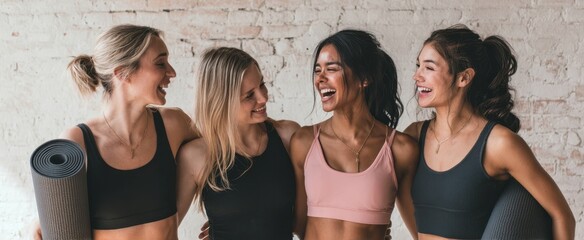 The joyful group of friends enjoying a fitness session together in a studio.