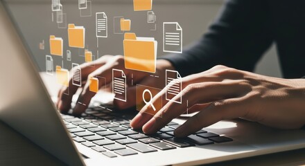 Close up of hands typing on a laptop keyboard with a digital interface displaying files and folders floating in the air