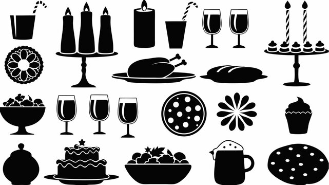 Black and white illustration of a festive feast with food and drink icons arranged together nicely | editable eps vectors silhouette