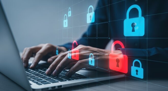 Close up of a person typing on a laptop with digital padlock icons some glowing red appearing on a virtual grid interface