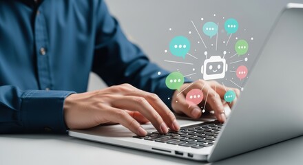Person using a laptop interacting with a digital chatbot interface with colorful speech bubbles and a robot icon