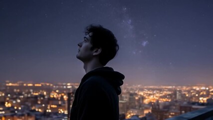 A young man looks up at the night sky on a rooftop with a cityscape in the background at dusk - Powered by Adobe