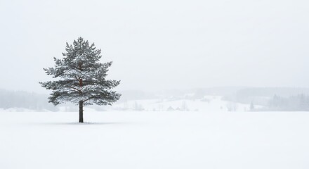 Fototapeta premium A single pine tree covered in snow stands in a vast, white, winter landscape