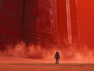 Fototapeta premium Astronaut Journey Space Exploration Desert Landscape Sci-Fi Adventure Red Alien Terrain Futuristic Discovery Travel Isolation Monumental Science Fiction Universe Shadows Atmosphere Epic 