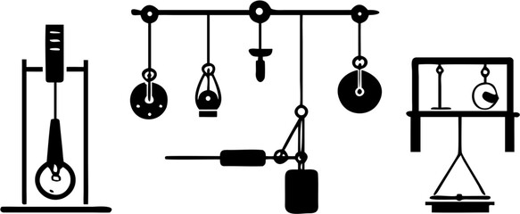 Illustration of a series of complex mechanical devices and scientific instruments in black and white | editable eps vectors silhouette