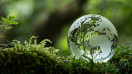 Glass globe resting on mossy ground with forest light earth green