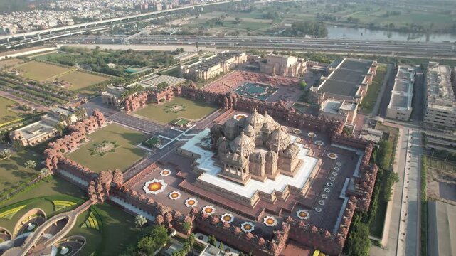 Aerial Drone Footage of Akshardham Temple in New Delhi one of the largest Hindu temple complex in India 