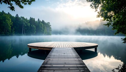 Misty morning lake dock