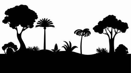 Silhouette of various trees and plants including palm trees and shrubs on a white background scene landscape | editable eps vectors