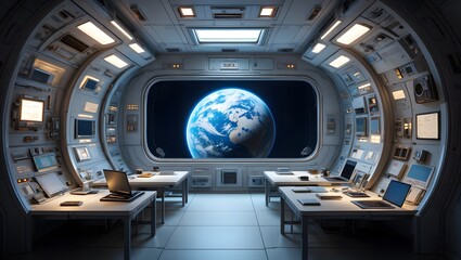 Interior spaceship cabin with earth view and workstations image