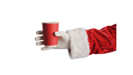 Santa Claus's Hand Offering a Red Paper Cup - Christmas Festive Drink Concept