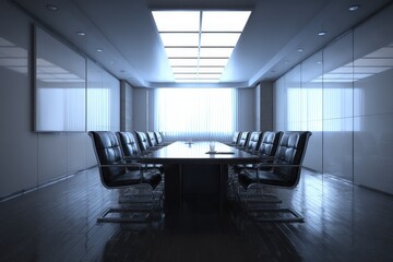 Modern conference room with elegant furnishings, natural light, and minimalist design suitable for business meetings and presentations