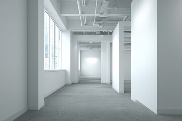 Bright and spacious office corridor with mock up wall and natural light, designed for creativity and collaboration in a modern workspace
