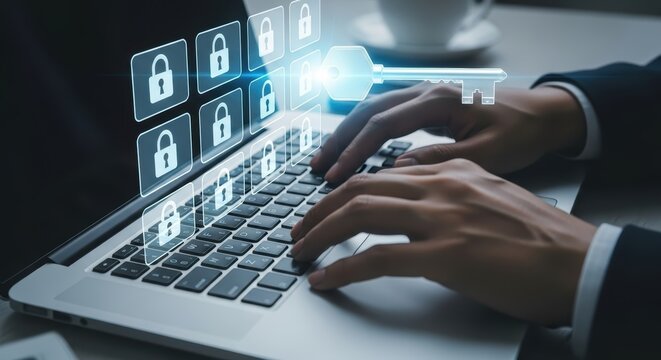 Person typing on laptop with holographic digital interface displaying multiple locked icons and a glowing key unlocking access