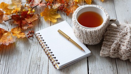Autumnal tea, notebook, and pen on white wood