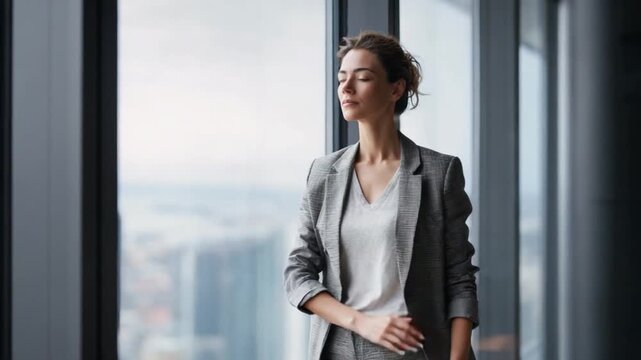 Serene Reflection: A businesswoman stands before an expansive window in a modern building, taking a moment of peaceful introspection.