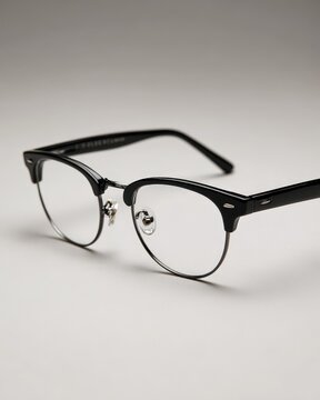 Classic black and silver browline eyeglasses with clear lenses photographed in profile on a beige background