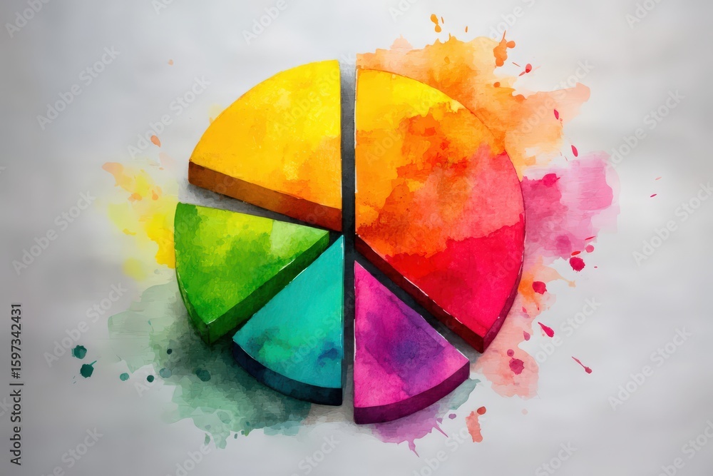 Poster brightly colored pie chart rendered in watercolor style showcasing diversity in data representation 