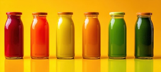 The vibrant display of colorful juice bottles on a bright yellow background.
