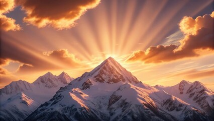 Majestic mountain peak bathed in golden sunrise light with dramatic clouds