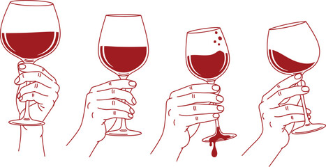 Red wine glasses illustration set of hands holding wine tasting concept for winery and sommelier guide editable