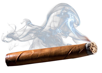 A lit cigar emits wisps of smoke against a transparent background
