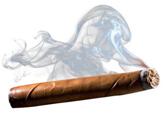 A lit cigar emits wisps of smoke against a transparent background