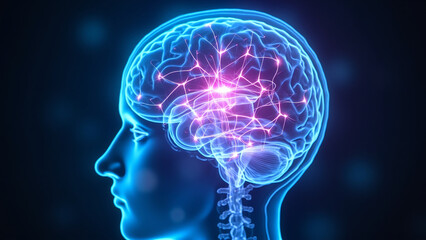 Futuristic digital brain with neural connections and glowing lights | Brain with neural network illuminated in neon blue and pink | Conceptual digital brain with neurons glowing

